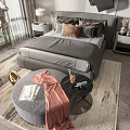 Modern Double Bed with Gray Bedspread Pillows and Bedside Table Lamp on Bedroom Rug