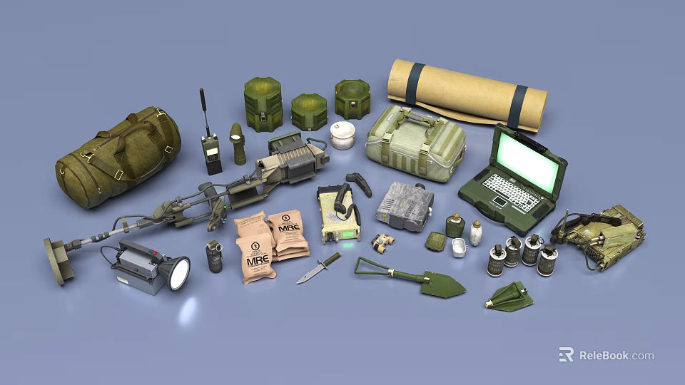 Weapons And Tactical Military Gear With Backpacks Radios Knives Tools And Accessories 3d model 