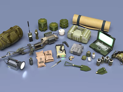 Weapons And Tactical Military Gear With Backpacks Radios Knives Tools And Accessories 3d model