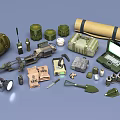 Weapons And Tactical Military Gear With Backpacks Radios Knives Tools And Accessories