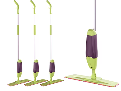 Household Cleaning Mops With Green Pole Purple Handle And Flat Design For Floor Cleaning 3d model