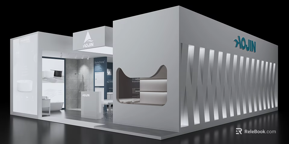 Modern Exhibition Booth With White Brand Logos Display Window Light Strip Decorations And Reception Area 3d model 