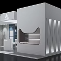 Modern Exhibition Booth With White Brand Logos Display Window Light Strip Decorations And Reception Area