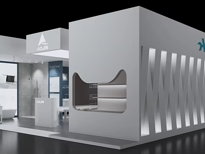 Modern Exhibition Booth With White Brand Logos Display Window Light Strip Decorations And Reception Area 3d model
