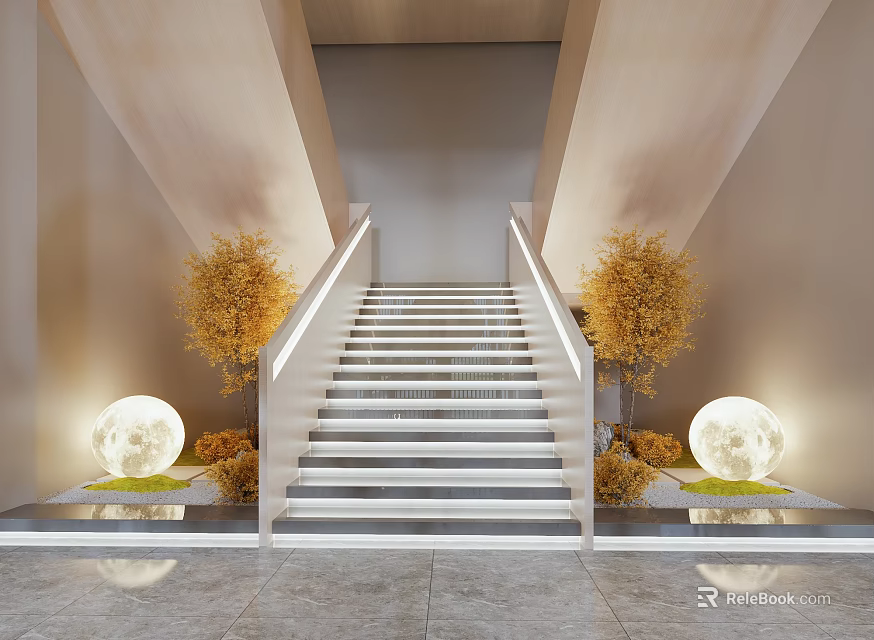 Modern Staircase Interior With Illuminated Handrail Golden Plants And Spherical Lights 3d model 