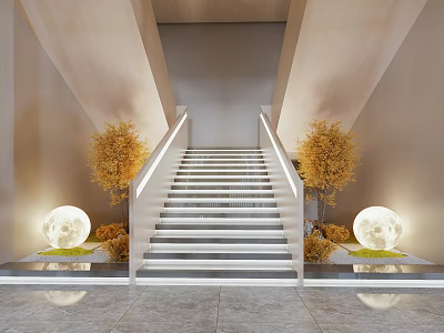 Modern Staircase Interior With Illuminated Handrail Golden Plants And Spherical Lights 3d model