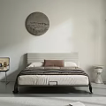 Double Bed with White Headboard Brown Pillow Gray Blanket Round Side Table and Floor Lamp