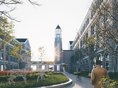 Modern Office Building Complex With Clock Tower Landscaped Courtyard Pathway And Greenery 3d model
