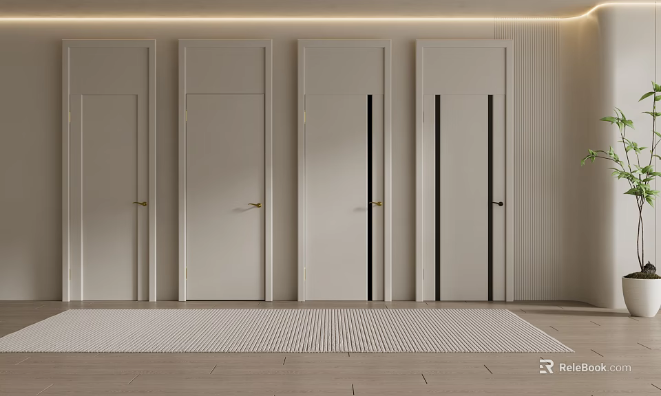 Modern Interior Design Featuring Multiple White Hinged Doors With Wooden Frames 3d model 
