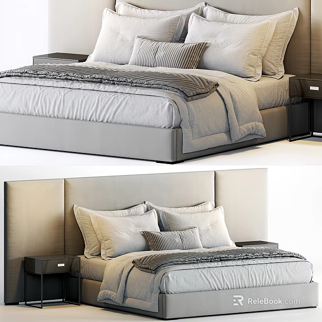 Modern Double Bed With Upholstered Headboard Plush Pillows Throw Blanket And Nightstand 3d model
