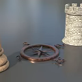 Vintage Medieval Decorative Scene With Castle Tower Helmet Compass And Hourglass