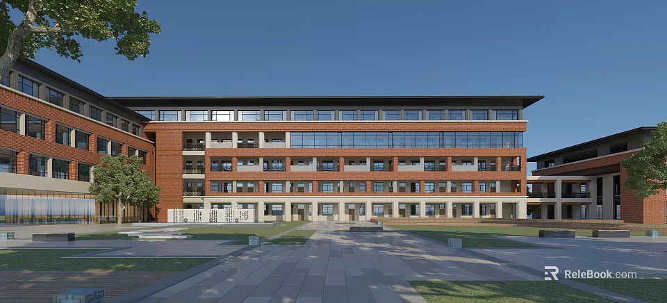 Red Brick Multi Story School Building With Large Windows Front Plaza And Trees 3d model 