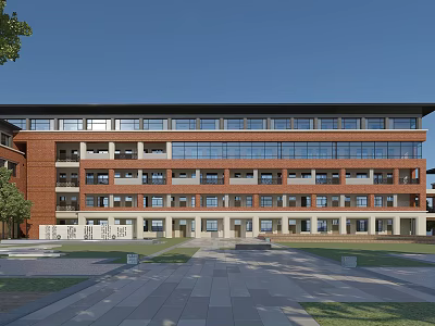 Red Brick Multi Story School Building With Large Windows Front Plaza And Trees 3d model