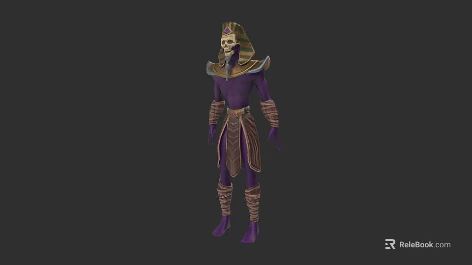 Game Movie Character Egyptian Pharaoh Style With Skeleton Head Purple Outfit And Golden Decorations 3d model 