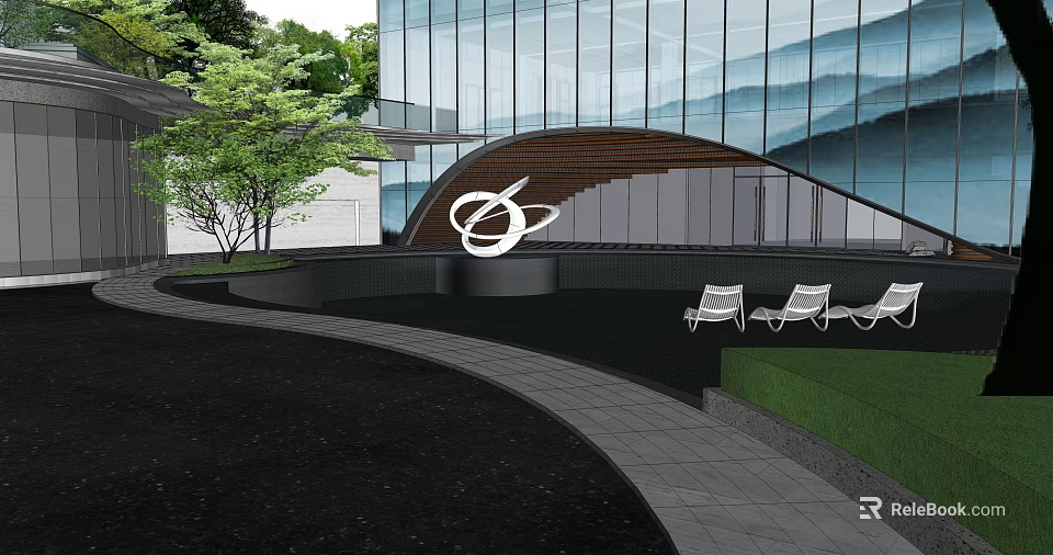 Modern Garden Landscape with Glass Curtain Wall Curved Wooden Structure White Sculpture Trees Lounge Chairs 3d model 