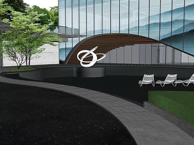 Modern Garden Landscape with Glass Curtain Wall Curved Wooden Structure White Sculpture Trees Lounge Chairs 3d model