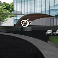Modern Garden Landscape with Glass Curtain Wall Curved Wooden Structure White Sculpture Trees Lounge Chairs
