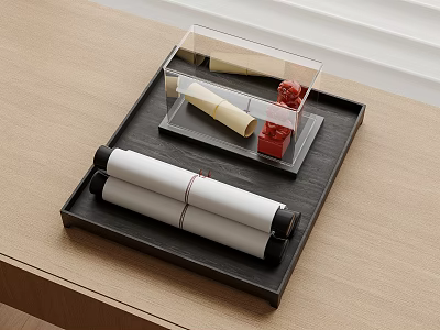 Decorative Ornament Set With Black Tray White Scrolls Transparent Box And Red Seal 3d model