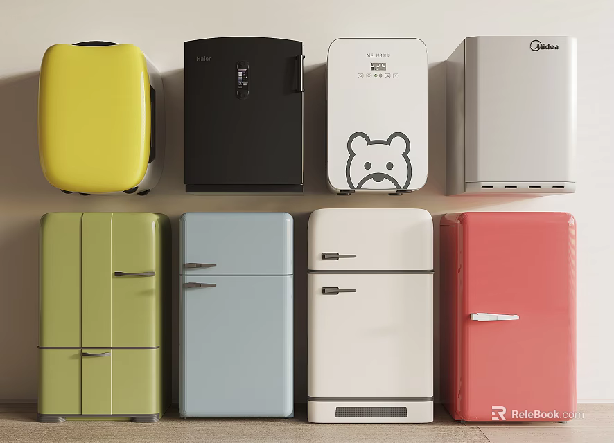 Colorful Refrigerators and Freezers in Various Styles and Vibrant Hues for Modern Kitchens 3d model 