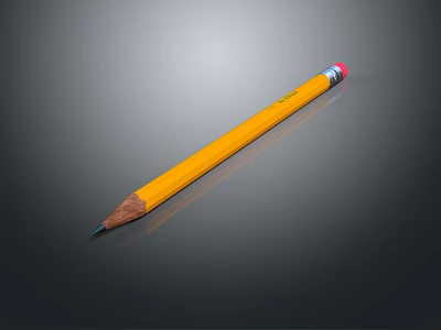 Yellow Pencil With Red Eraser Cap On Gray Background And Shiny Surface Reflection 3d model