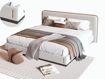 Modern Double Bed With Upholstered Headboard Soft Pillows Layered Blankets And Area Rug 3d model