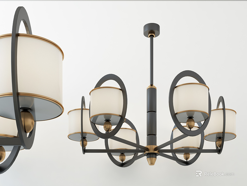 Modern Chandelier Design With Black Metal Frame Gold Accents And Circular Lampshades 3d model 