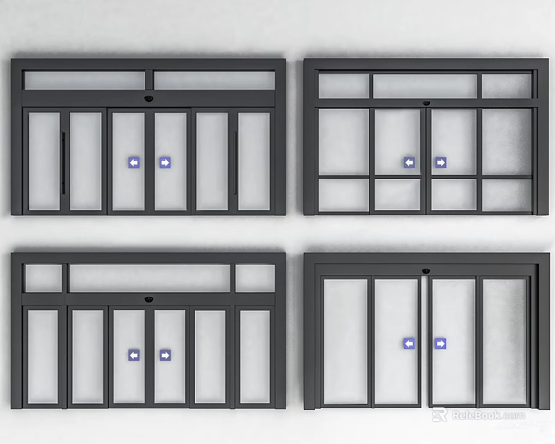 Black Metal Window Frames With Various Designs And Glass Panels 3d model 