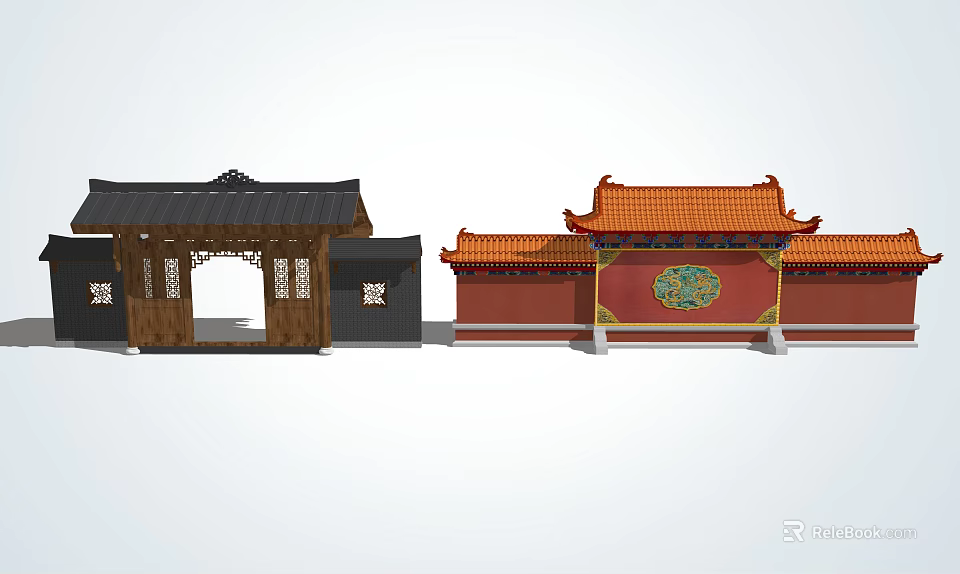 Chinese Entrance Gates Featuring Black Orange Roofs Wooden Design Red Walls And Green Circular Decoration 3d model 