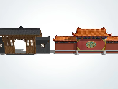 Chinese Entrance Gates Featuring Black Orange Roofs Wooden Design Red Walls And Green Circular Decoration 3d model