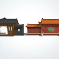 Chinese Entrance Gates Featuring Black Orange Roofs Wooden Design Red Walls And Green Circular Decoration