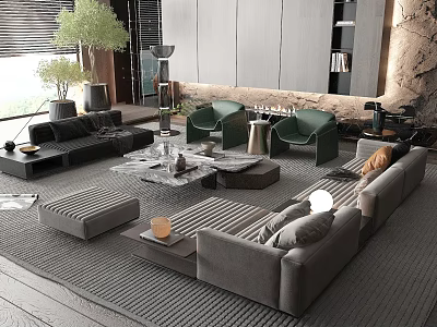 Modern Sectional Sofa And Coffee Table Set With Green Accent Chairs Area Rug And Plants 3d model