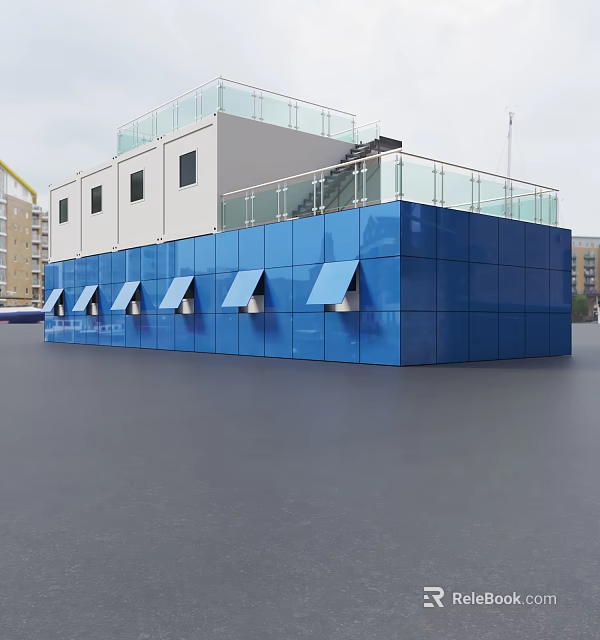 Modern Blue Building With Shutter Windows White Upper Floor And Glass Railing 3d model 