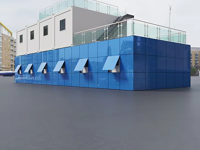 Modern Blue Building With Shutter Windows White Upper Floor And Glass Railing 3d model