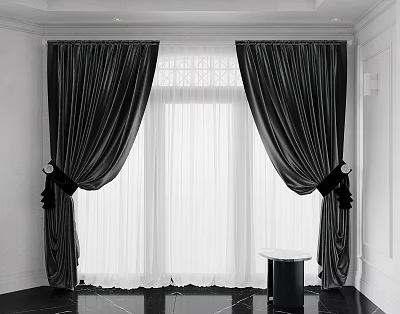 Elegant Black Velvet Curtains With White Sheer And Black Tiebacks For Window Interior 3d model
