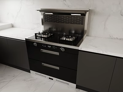 Modern Kitchen With Black Gas Stove Range Hood And White Marble Countertop 3d model