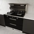 Modern Kitchen With Black Gas Stove Range Hood And White Marble Countertop