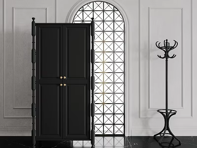 Black Decorative Cabinet With White Walls Arched Geometric Window And Black Coat Rack 3d model