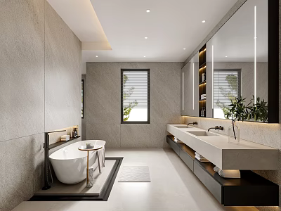 Modern Minimalist Bathroom Interior With Freestanding Bathtub Vanity Mirror And Potted Plants 3d model