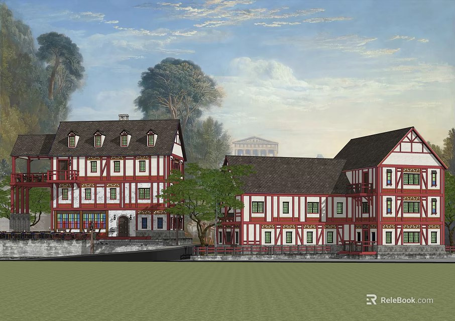 Traditional Ancient Architecture With Red And White Exterior Multi Story Structure And Trees 3d model 