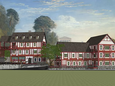 Traditional Ancient Architecture With Red And White Exterior Multi Story Structure And Trees 3d model