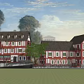 Traditional Ancient Architecture With Red And White Exterior Multi Story Structure And Trees