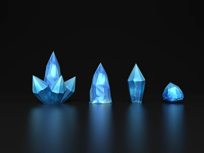Blue Crystal Jewelry With Four Different Shapes And Glossy Look Displayed On Black Background 3d model