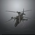 Blue Military Helicopter Model with Multiple Rotors Yellow Markings Weapons on Dark Background Reflection