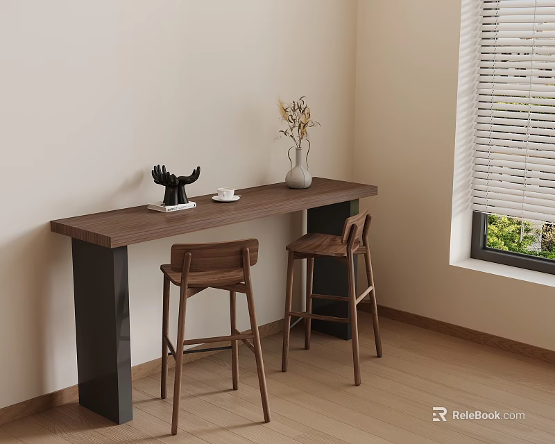 Wooden Bar Counter with Two High Stools and Decor Vase in Modern Interior Window Blinds 3d model 