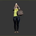 Woman Taking Selfie With Smartphone Wearing Yellow Top Blue Jeans Sandals And Brown Checkered Handbag