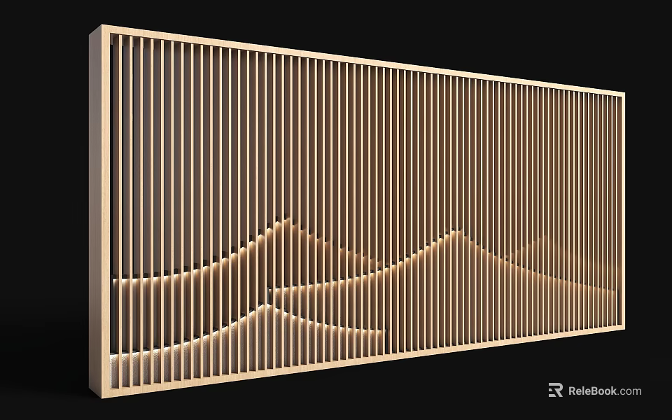 Modern Wooden Room Divider With Vertical Slats And Wave Pattern Design 3d model 