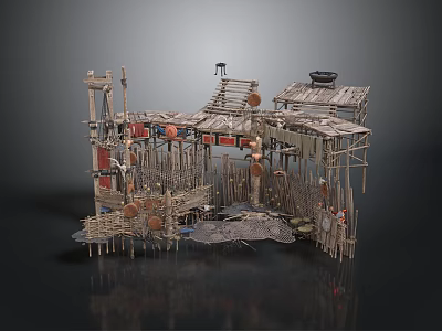 Rustic Handmade Wooden Village Structures With Weathered Roofs Planks And Hanging Items 3d model