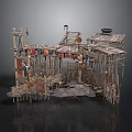 Rustic Handmade Wooden Village Structures With Weathered Roofs Planks And Hanging Items