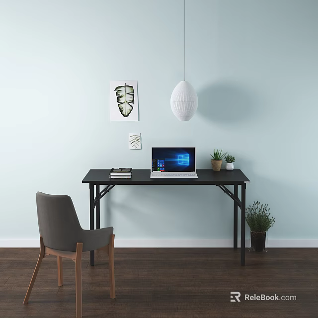 Modern Black Desk With Laptop Books Small Plants Chair And Light Blue Wall 3d model 