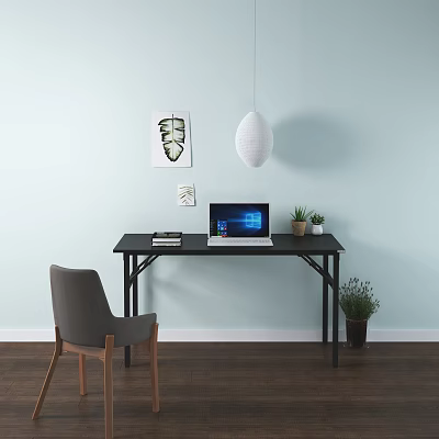 Modern Black Desk With Laptop Books Small Plants Chair And Light Blue Wall 3d model